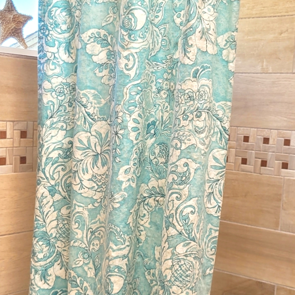 Shower Curtain World Market turquoise and cream flower print